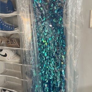 Sherri Hill Blue Sequin Backless Dress
